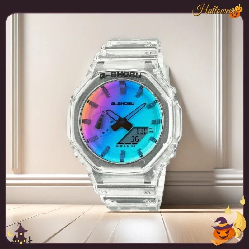 Sports electronic men's watch world time full function dual display automatic lifting light oak comic series