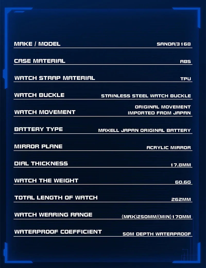 SANDA 3168 White Sport Watch  LED Digital 50M Waterproof Watch Men Multifunction Clock Relogio Masculino Men Military Watches