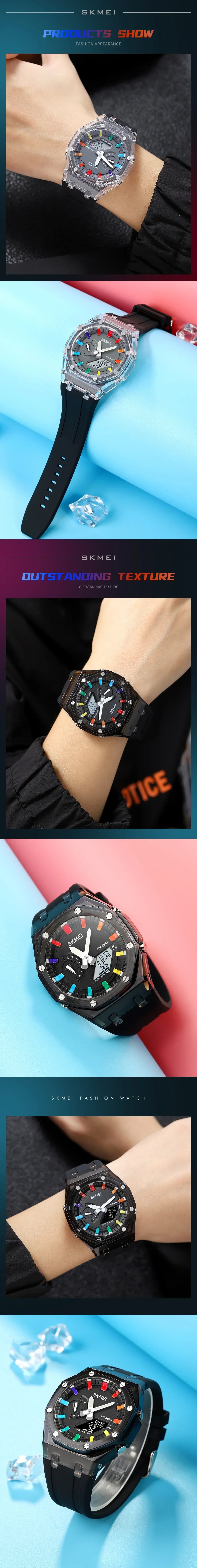 SKMEI 2100 Waterproof Men Watch Countdown Stopwatch Led Light Electronic Movement Wristwatch 5Alarm Clock 2 Time Digital Watches