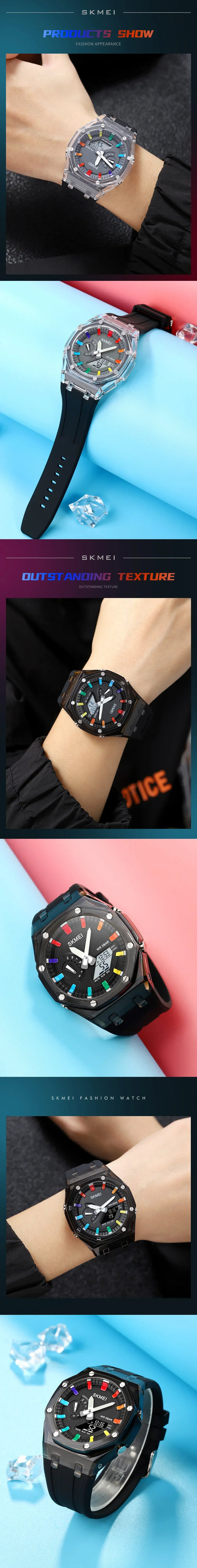 SKMEI 2100 Waterproof Men Watch Countdown Stopwatch Led Light Electronic Movement Wristwatch 5Alarm Clock 2 Time Digital Watches