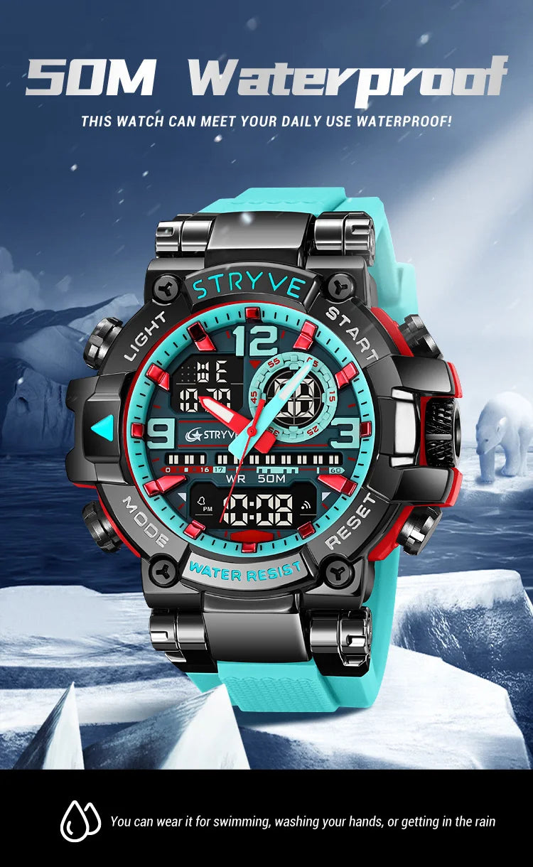 STRYVE 8025 Blue Men's Sport Watches Shock Resistant 50M Waterproof Wristwatch LED Alarm Stopwatch Clock Military Watches
