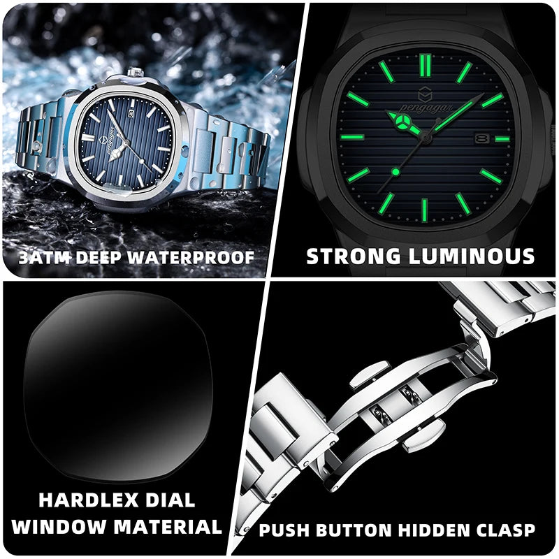 PAAZOMU  Square Luxury Men Wristwatch Waterproof Luminous Date Stainless Steel Male Clock Business Sports Quartz Watches For Men