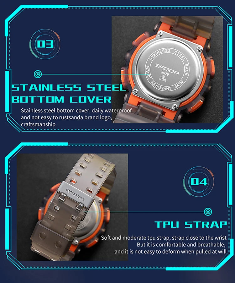Sanda new 3029 watch luminous fashion personality Electronic Watch fluorescence watch Shell Man Watch