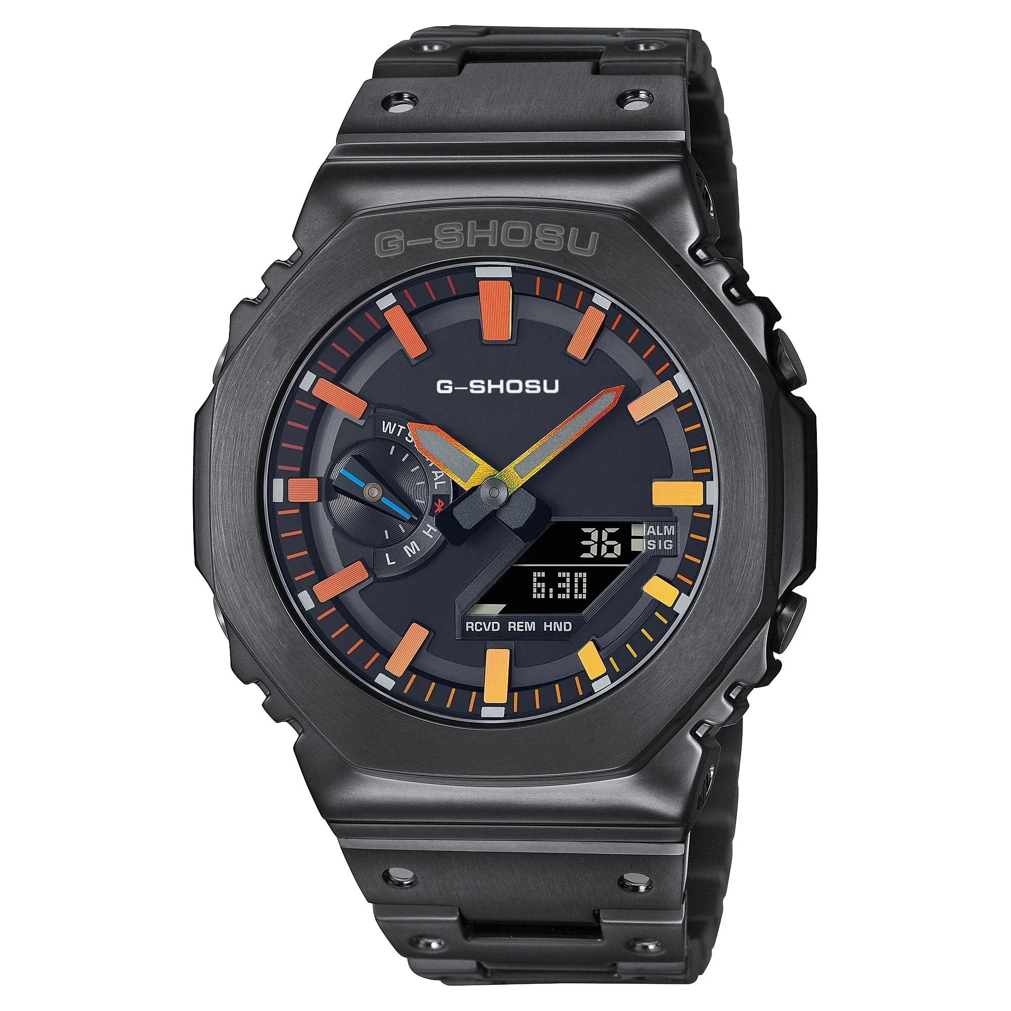 Unisex Digital Electronic Watch Full Function World Time Alloy LED Dual Display Steel Strap Large Dial GMB Series
