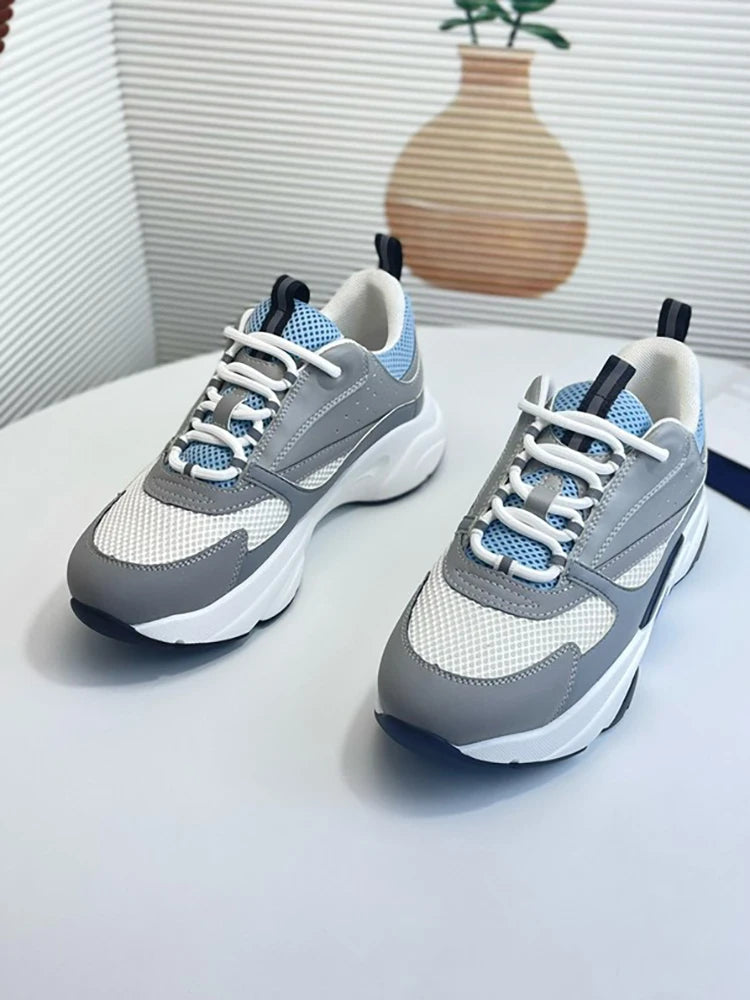 Spring Summer Fashion B22 Breathable Casual Snug Flat Bottom Low-top Shoes Men's Round Toe Net Cloth Patchwork Lace-Up Shoes