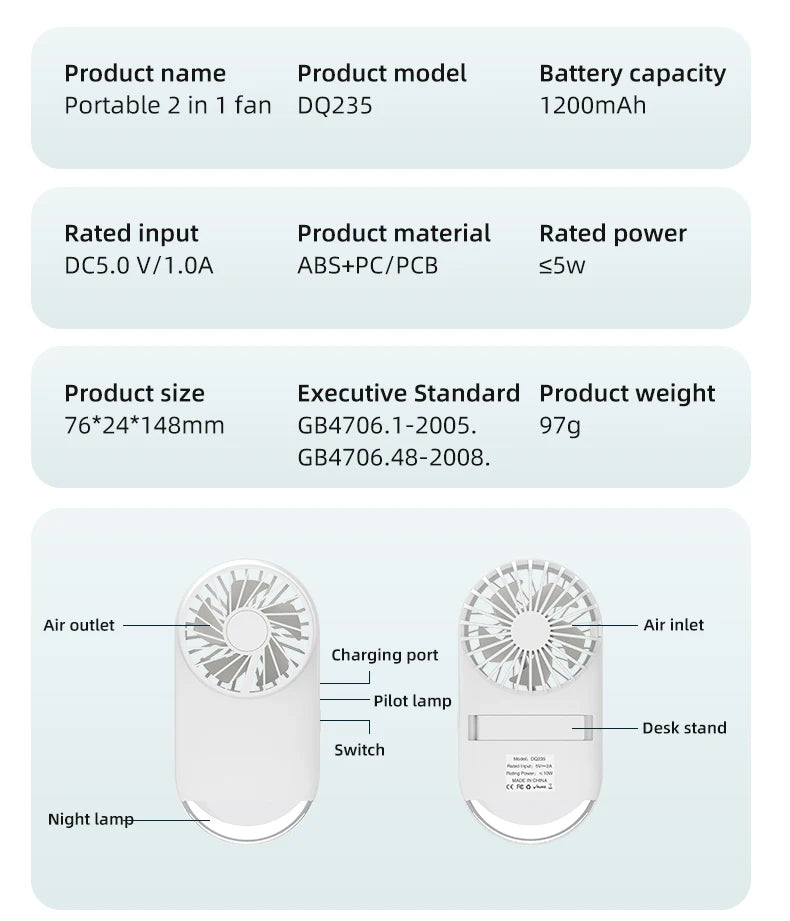 Handheld Turbo Fan Mini Portable Hand, 1200mAh USB Rechargeable Personal, Battery Operated Pocket Fan with 4 Speeds for