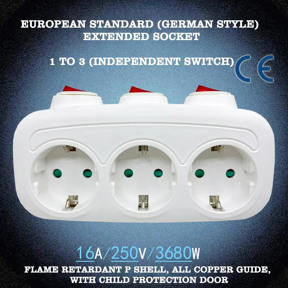 1To3 EU Extension Socket With Switch ON/OFF Electrical Plug European Standard Russia Spain Ukraine Korea Power Converter Socket