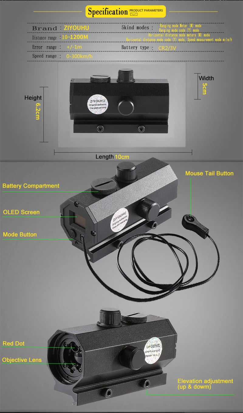Tactical Hunting Sniper Laser Rangefinder Riflescope Long Range 1200M Real-time Rang Finder Distance Meter Angle Speed Telemeter