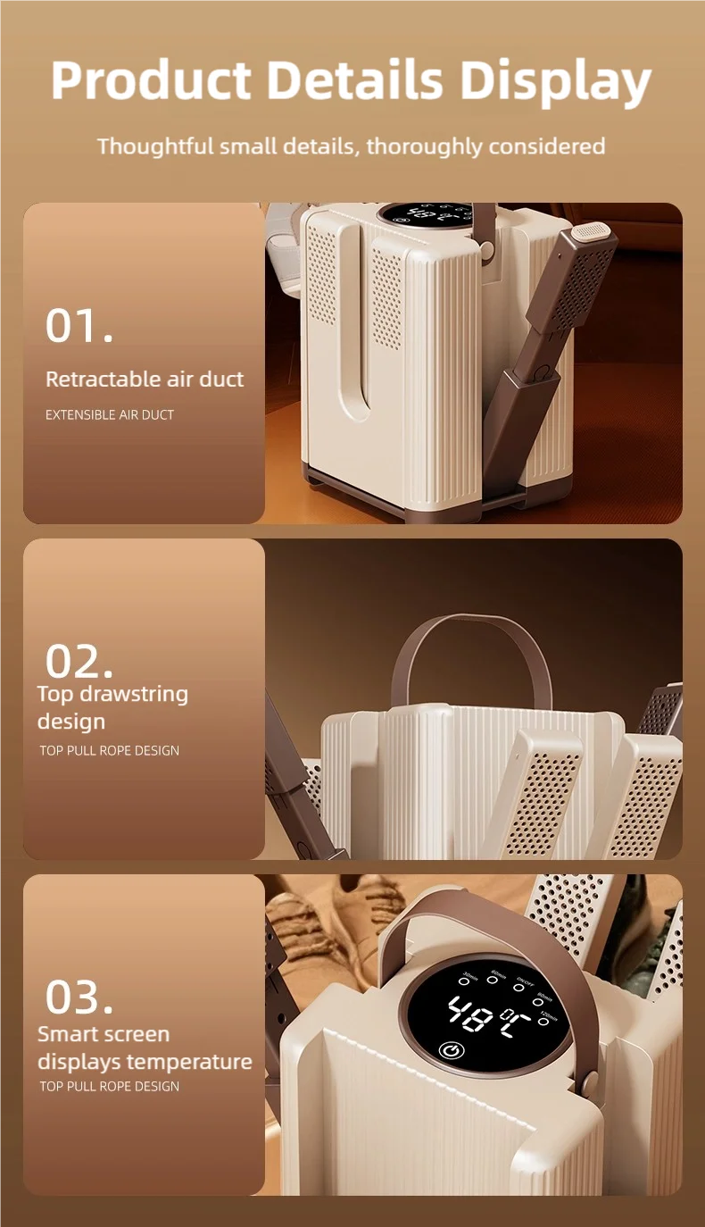 New 6-head shoe dryer can dry up to 3 pairs of shoes at a time. It quickly dries, deodorizes, disinfects, and has a smart timer