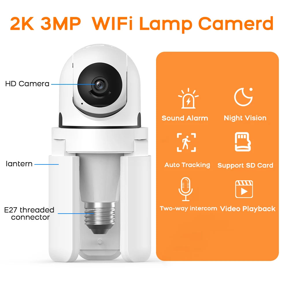 2K 3MP Wireless Bulb Security Camera with Motion Detection Color Night Vision Two-Way Audio Tuya Smart Life Home Surveillance