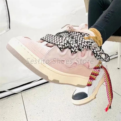 Thick Sole Mixed Colors Casual Sneakers for Men Women Fashion Round Toe Lace Up Skateboard Shoes Outdoor Breathable Couple Shoes