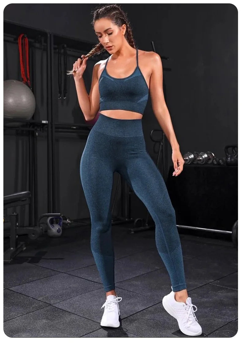2 Pieces Women's Tracksuit Seamless Yoga Set Workout Sportswear Gym Clothing High Waist Leggings Fitness Sports Suits