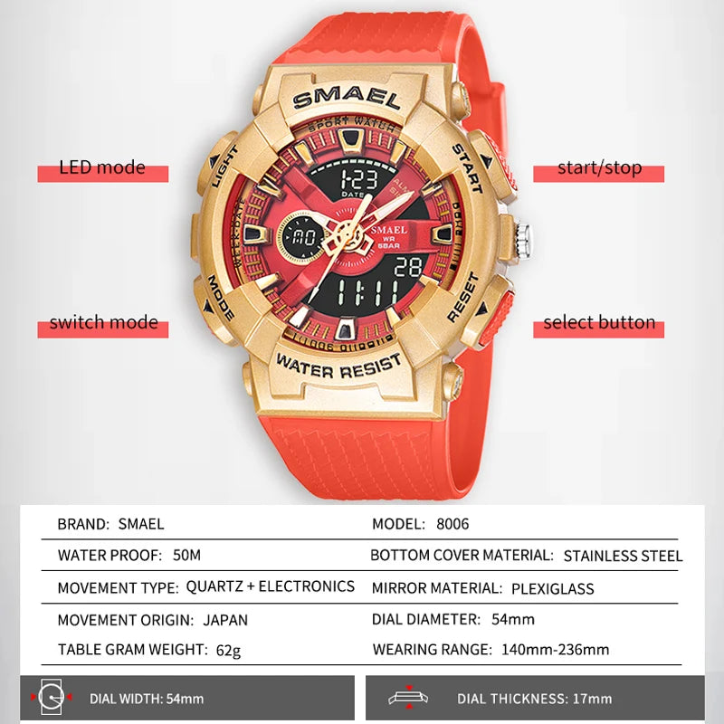 SMAEL Sport Digital Watch for Men Waterproof Sports Style Silicone Strap Stopwatch Shockproof Alarm Clock Male Quartz Wristwatch