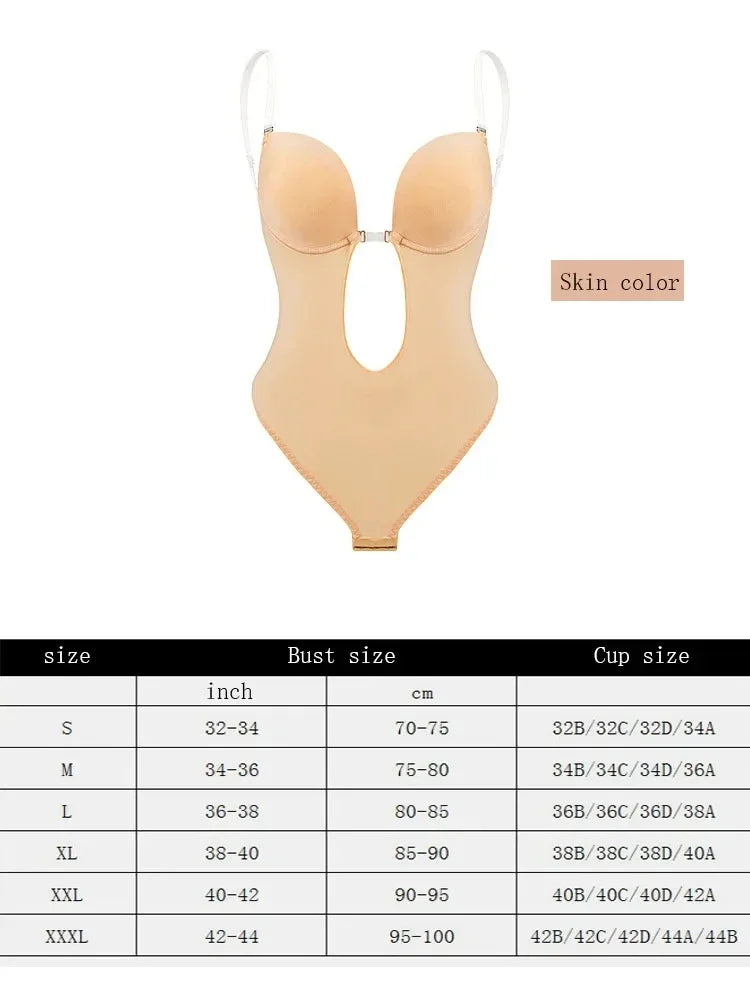 Women Shapers Underwear Backless Bodysuit Shapewear M L XL Deep V-Neck Body U Plunge Clear Strap Padded Push Up Corset
