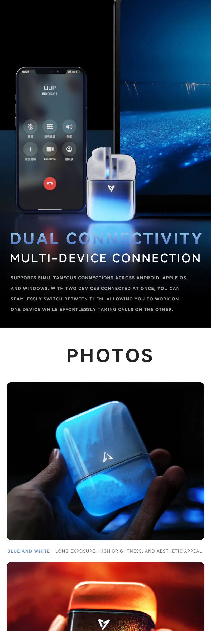 LIUP Pods LP1 luminous quicksand earphone glows in the dark. Low-delay wireless ENC noise reduction Bluetooth headset headphones