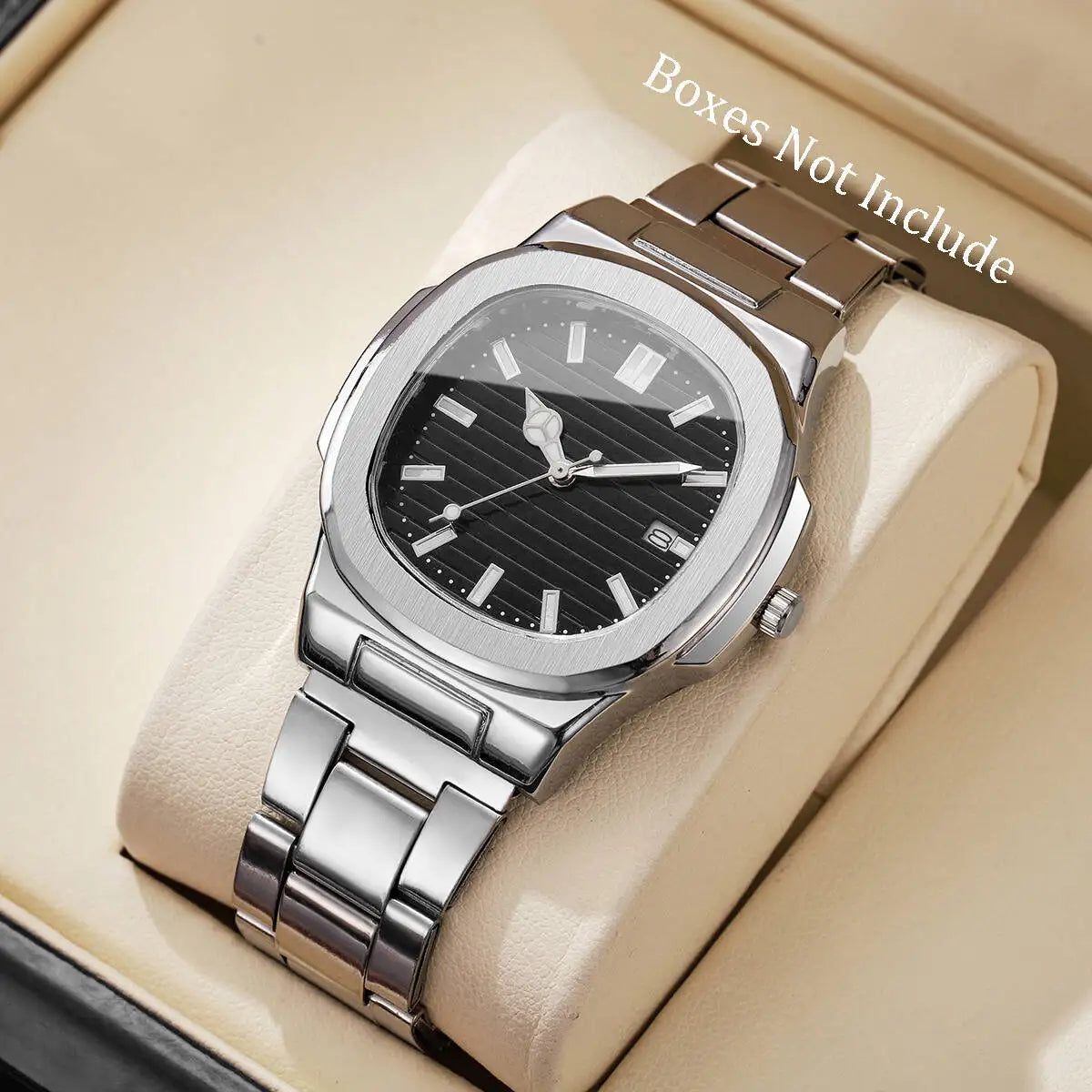 Fashion Square Men Business Watches Luxury Stainless Steel Strap Quartz Watch with Calendar For Mens Clock（Without Box）