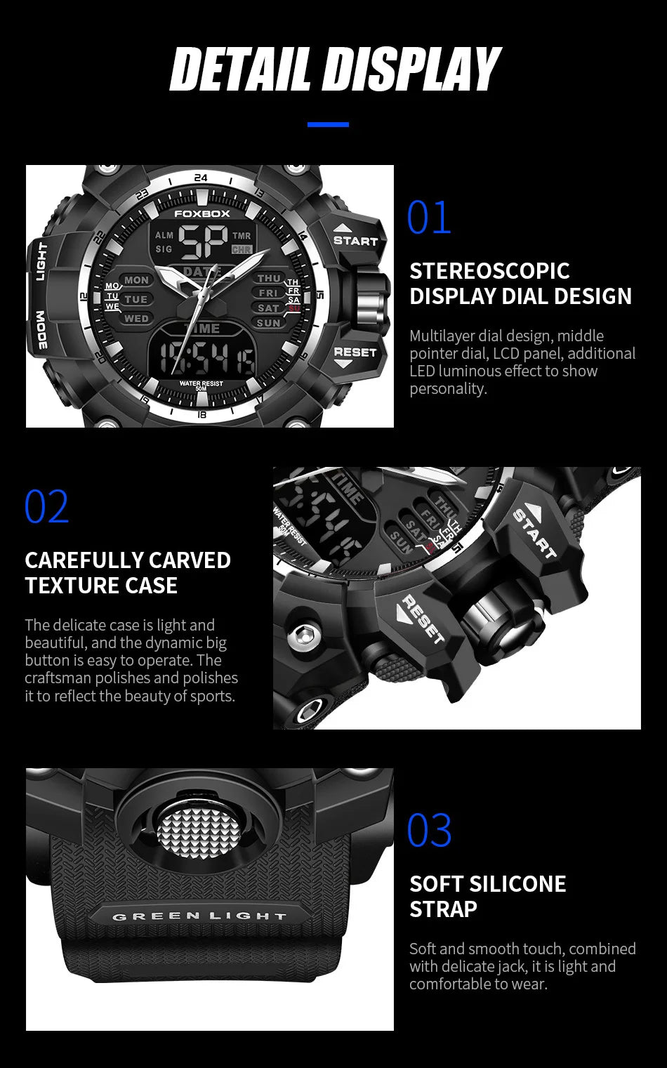 FOXBOX Waterproof Watches for Men Luxury Sport Chronograph Alarm Wristwatch Military Quartz Clock Digital Male Watch Student