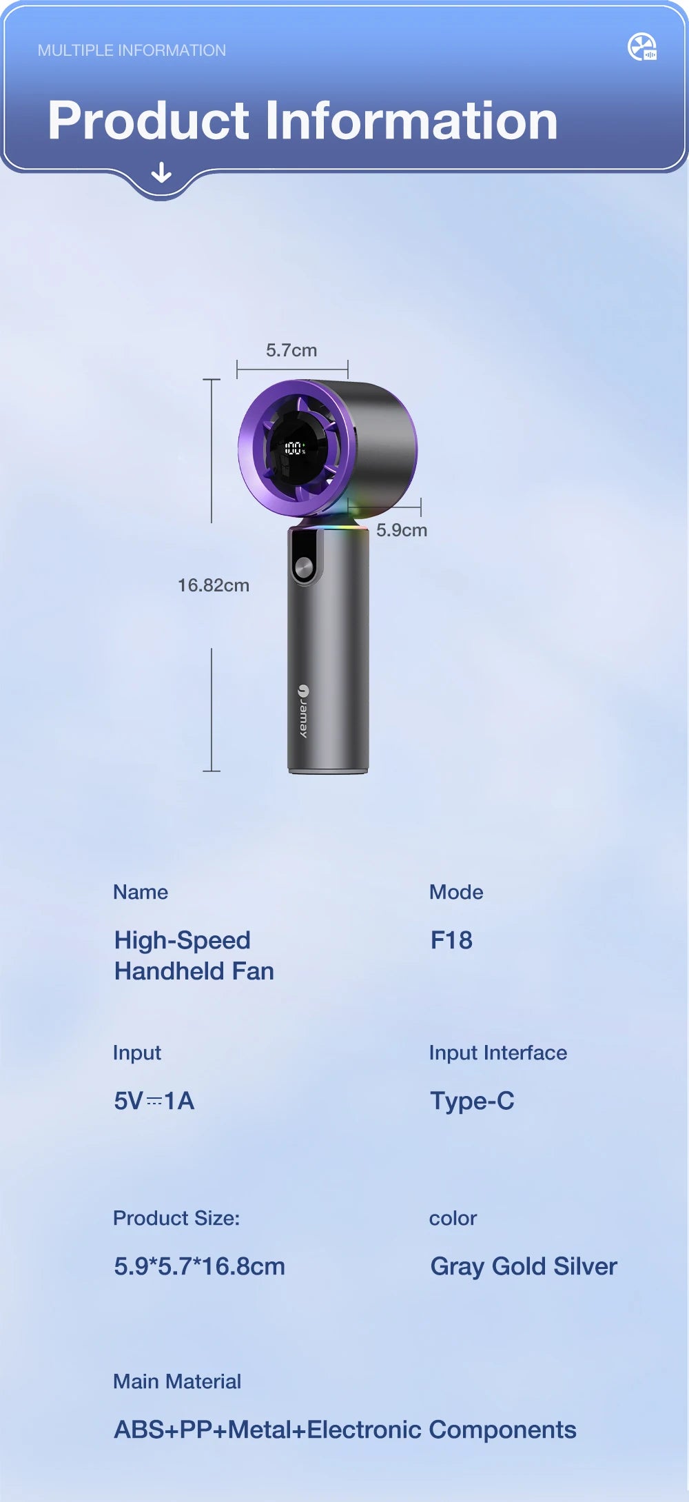 Portable Handheld Turbo Fan with LED Screen 5 Adjustable Speed Levels High Wind Cooling USB Rechargeable Summer Outdoor 4000mAh