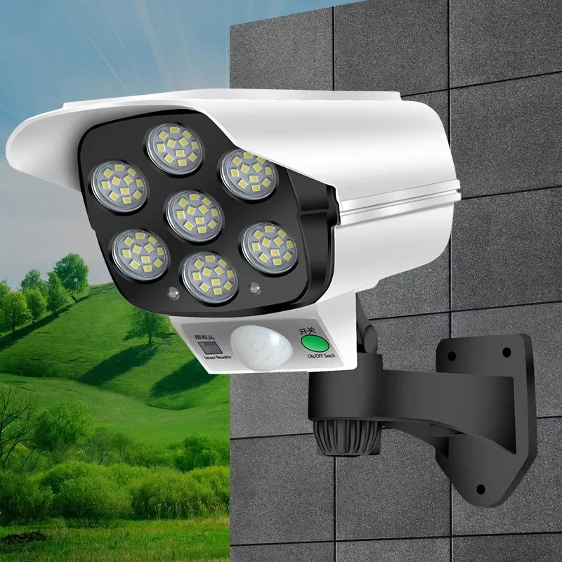 Security Dummy Camera Lamp 77 LEDs Motion Sensor Solar Night Lights Waterproof 3 Lighting Modes Home Porch Garden FloodLight