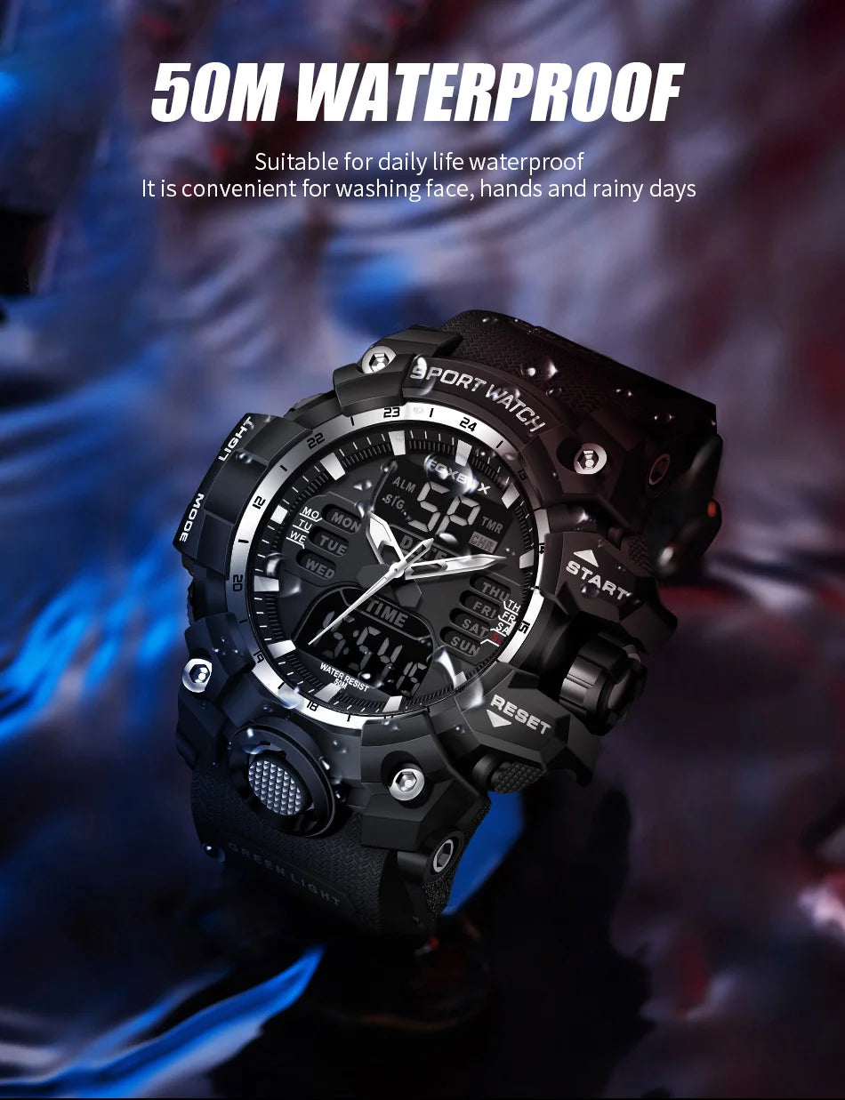 FOXBOX Waterproof Watches for Men Luxury Sport Chronograph Alarm Wristwatch Military Quartz Clock Digital Male Watch Student