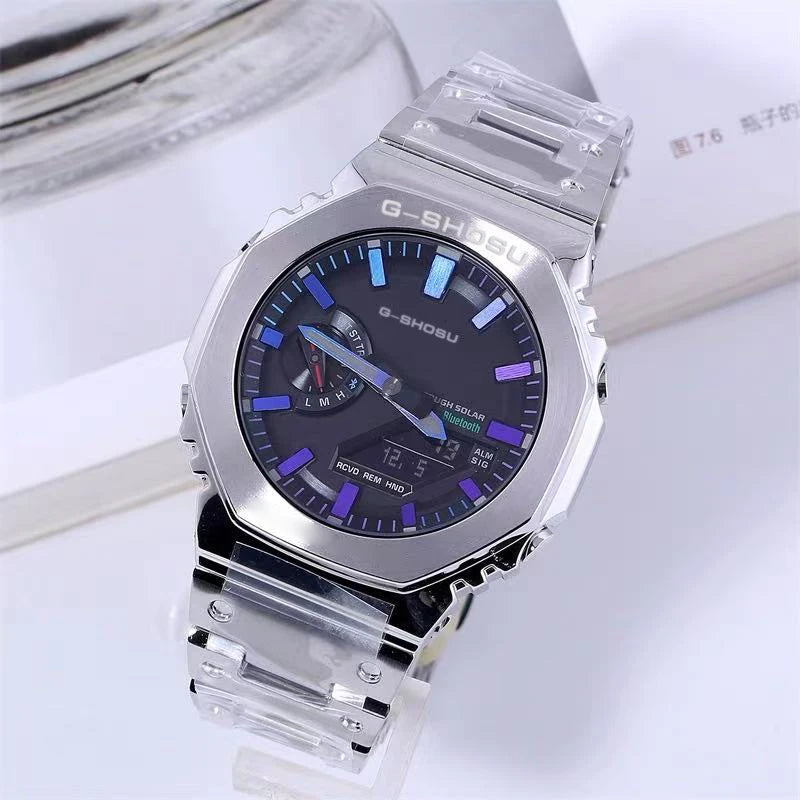 Sports Digital Electronic Unisex Watch Steel Strap Large Dial LED World Time All Hands Operational