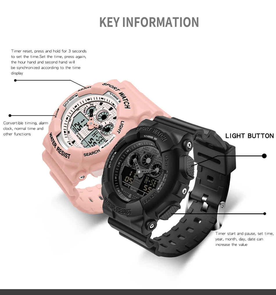 Sport Watch Men Luxury Double Time Electrconi Watches Women's Wristwatch Fashion Shockproof Stopwatch Military Sports Clock