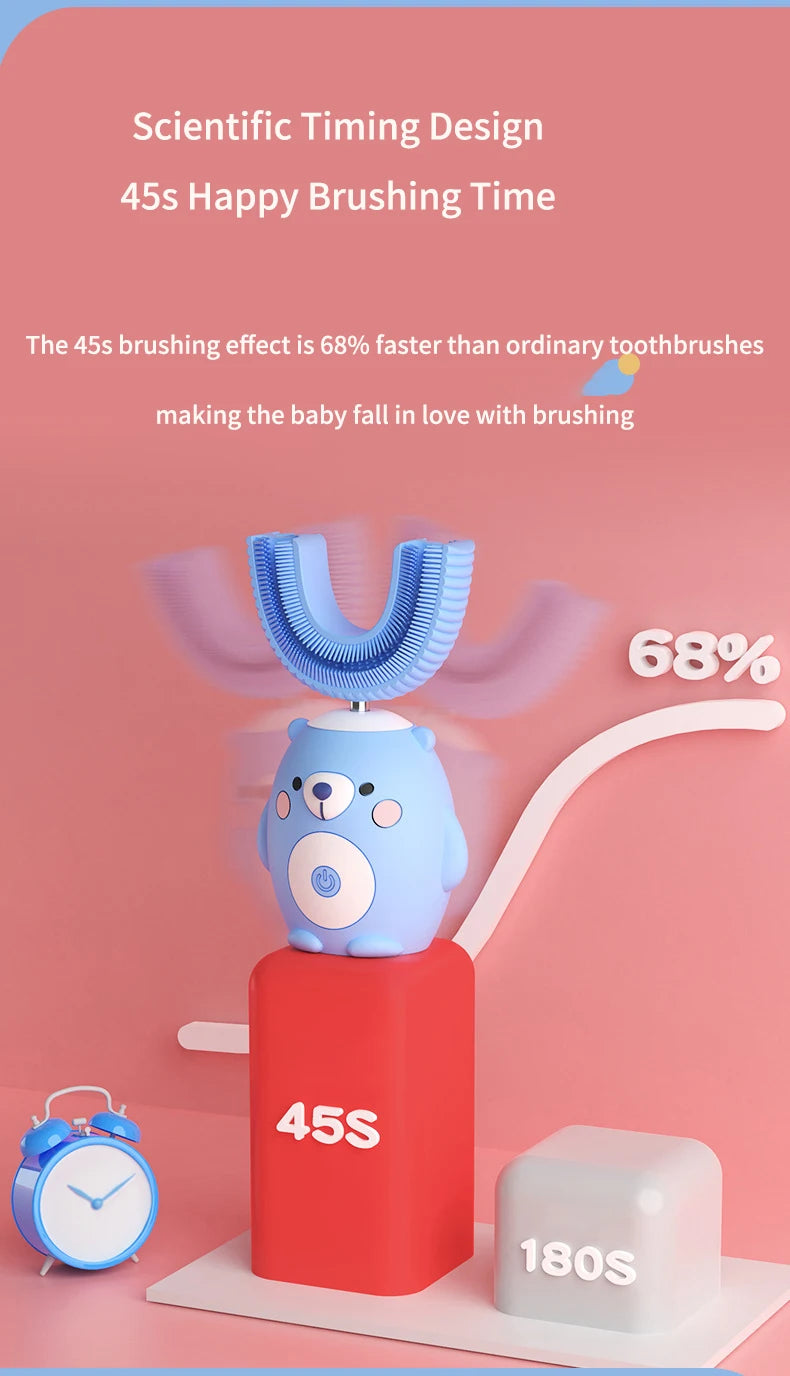 360° Sonic Electric Toothbrush U Shape Rechargeable for Kids Children Automatic Silicone Tooth Brush Smart Timer Blue Light IPX7