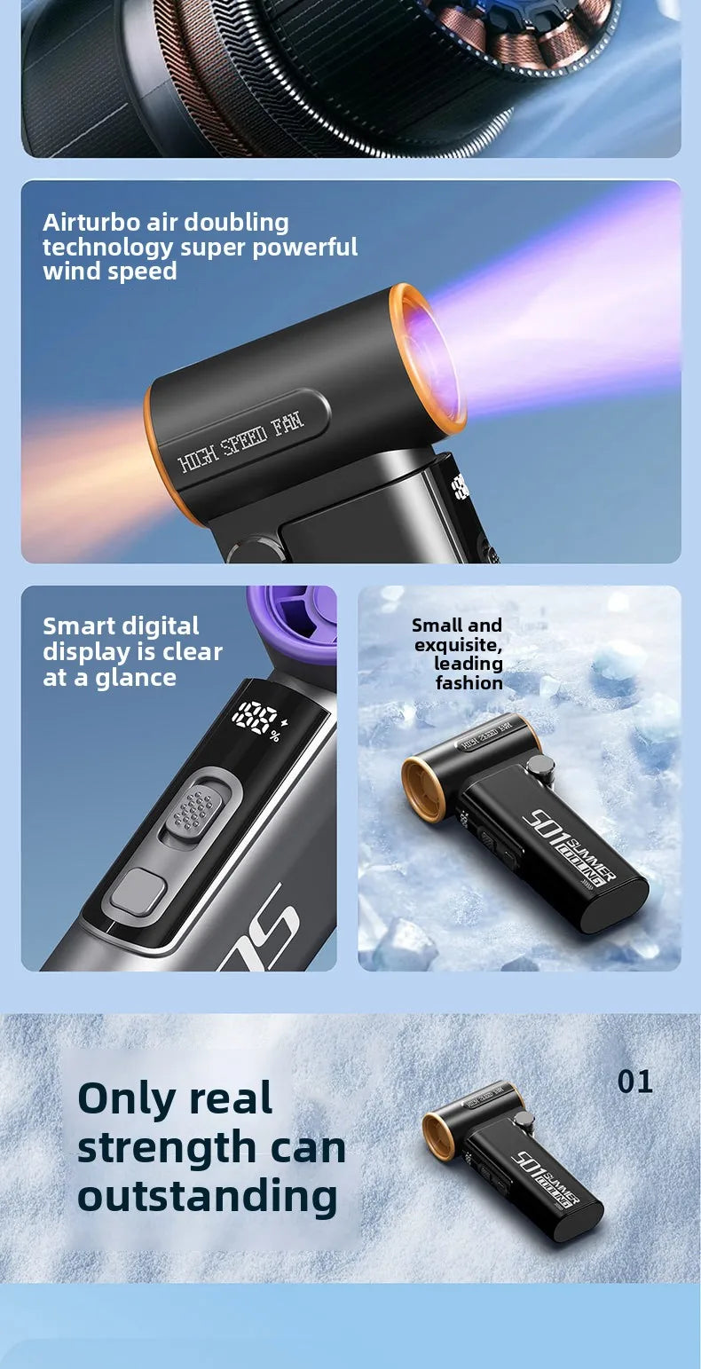Handheld Fan, Turbo Power High Speed Air, USB Charging, Foldable Otdoor Portable Small Fan, LED Digital Display Turbo Fan