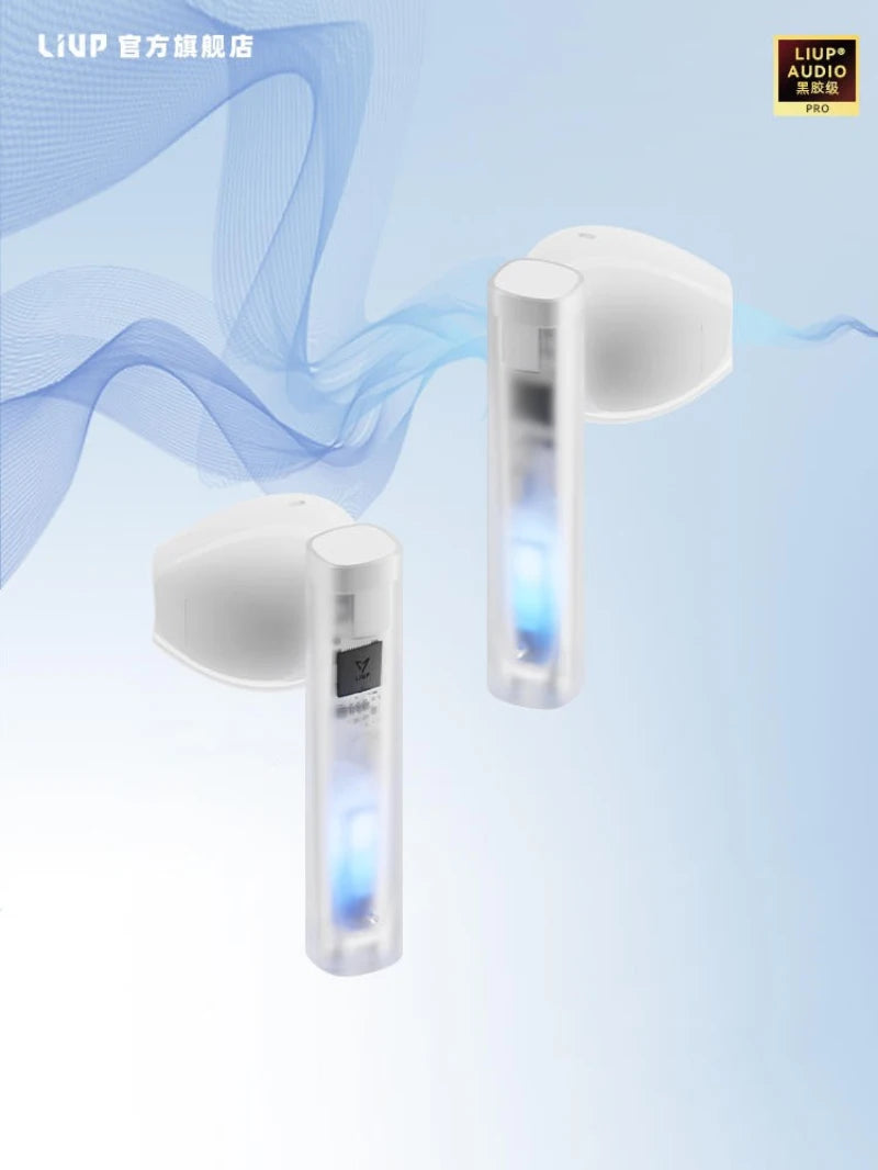 LIUP Night Light Quicksand Wireless Earphones AI Noise Reduction Luminous Transparent Glass Bluetooth 5.4 Muisc Gaming Headphone