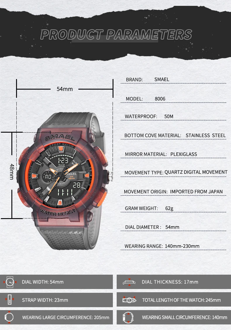 SMAEL Sport Digital Watch for Men Waterproof Sports Style Silicone Strap Stopwatch Shockproof Alarm Clock Male Quartz Wristwatch