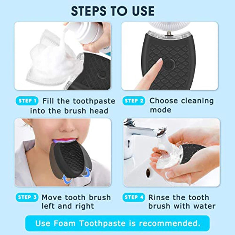 high quality travel portable Waterproof automatic u shape travel food grade silicone head adults kids electric toothbrush