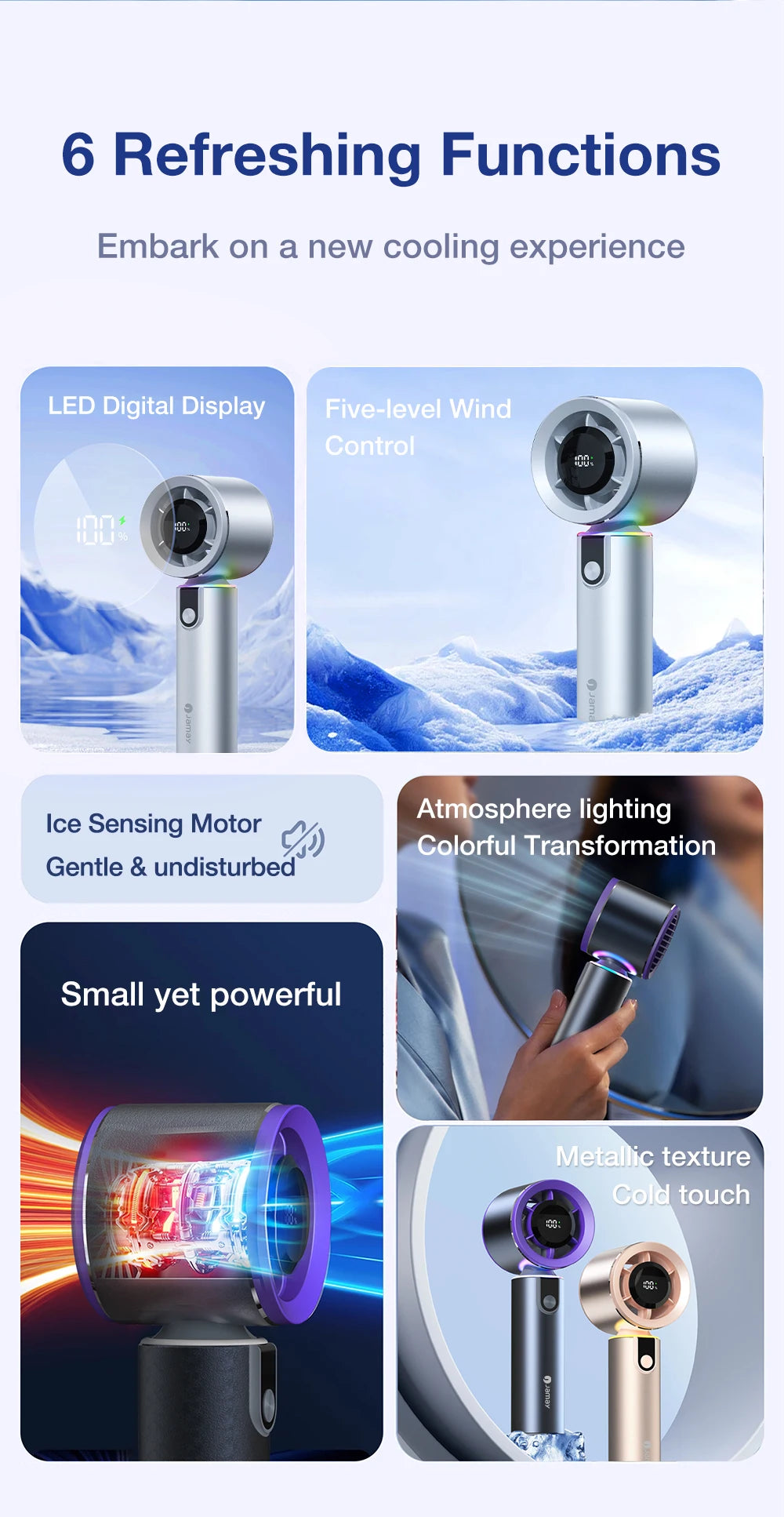 Portable Handheld Turbo Fan with LED Screen 5 Adjustable Speed Levels High Wind Cooling USB Rechargeable Summer Outdoor 4000mAh