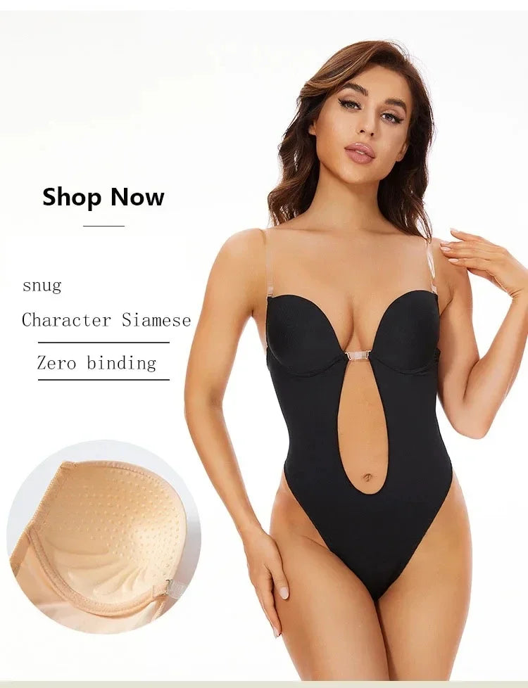Women Shapers Underwear Backless Bodysuit Shapewear M L XL Deep V-Neck Body U Plunge Clear Strap Padded Push Up Corset