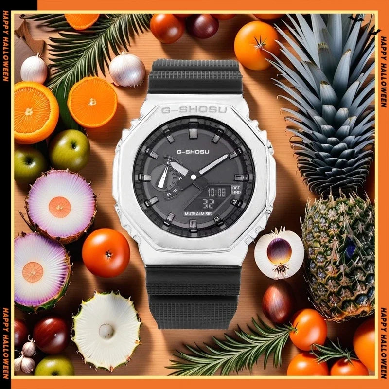 Unisex Sports Electronic Watch Alloy Dial World Time Full Function LED Dual Display Auto Light Shockproof