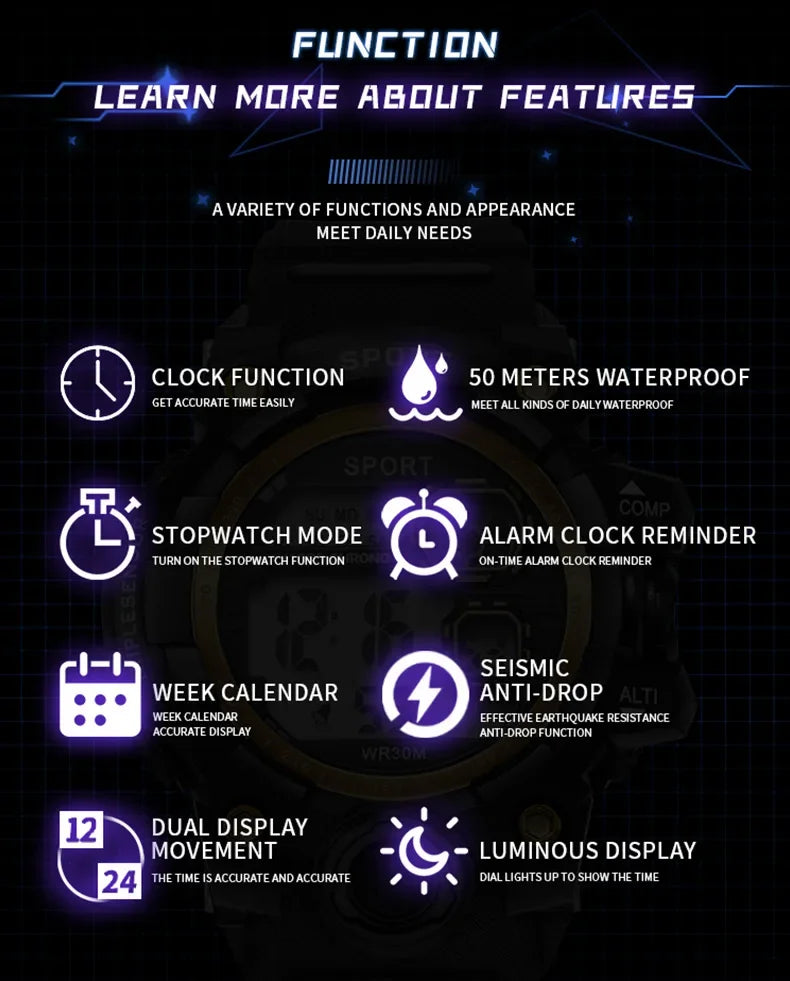 Youth Sport Digital Watch Men Shockproof Waterproof Dual Wristwatches LED  Alarm Clock Mens Watches Cool
