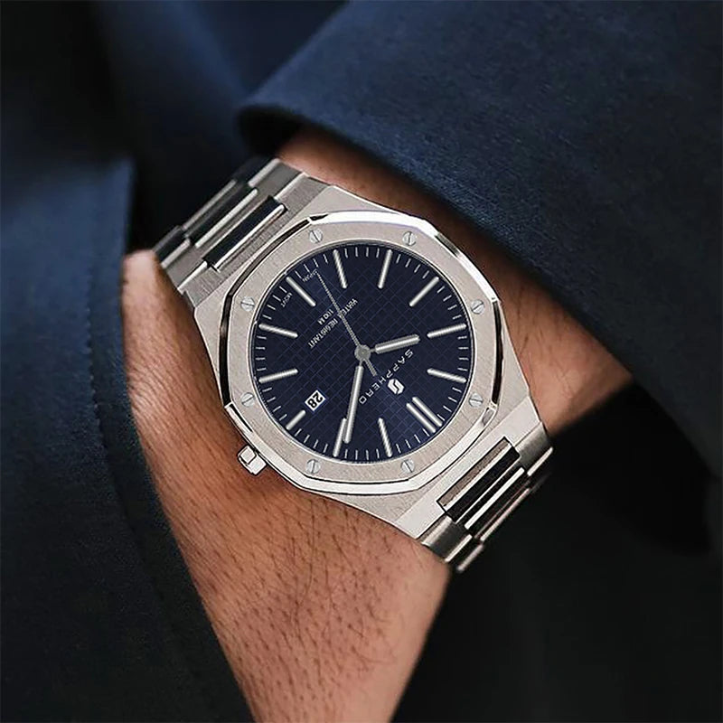 SAPPHERO Men's Watch, Stainless Steel Strap, Water-Resistant Design, Automatic Calendar, Festive Gifts, Exquisite Gift Box Clock