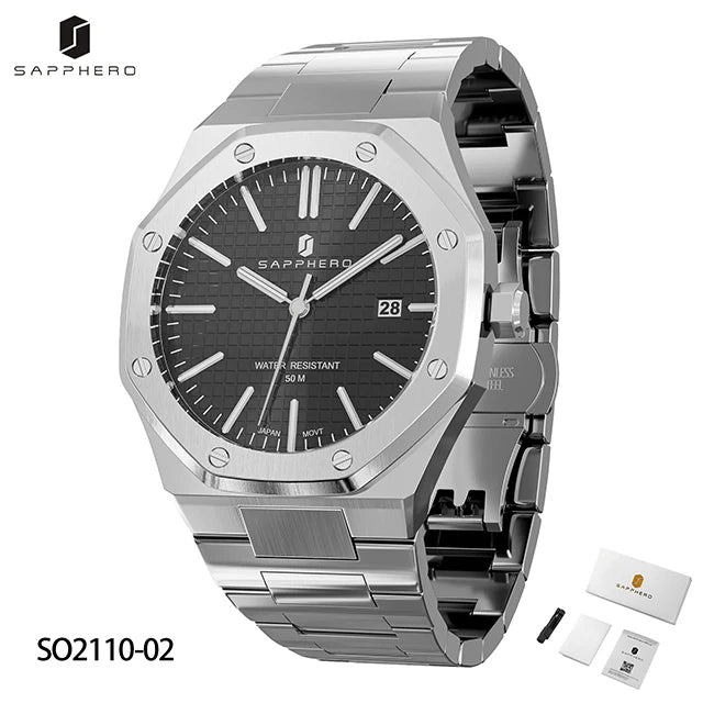 SAPPHERO Men's Watch, Stainless Steel Strap, Water-Resistant Design, Automatic Calendar, Festive Gifts, Exquisite Gift Box Clock