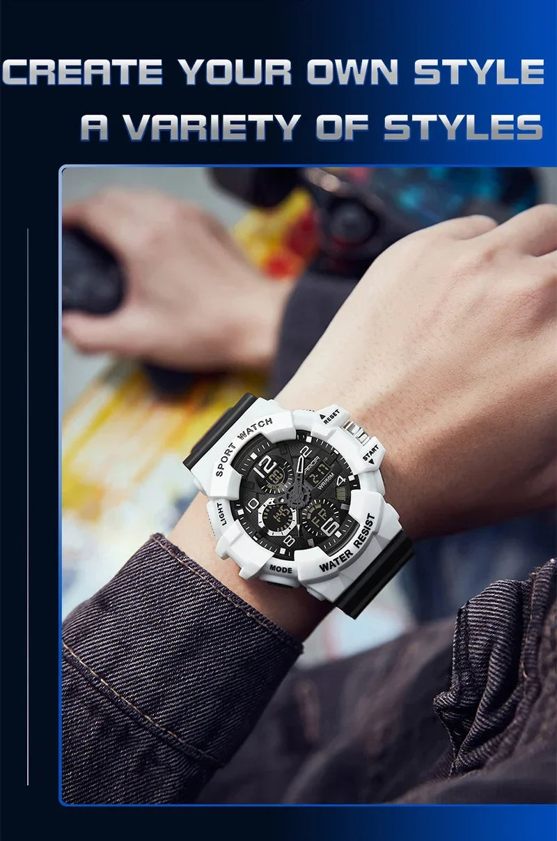 SANDA 3168 White Sport Watch  LED Digital 50M Waterproof Watch Men Multifunction Clock Relogio Masculino Men Military Watches
