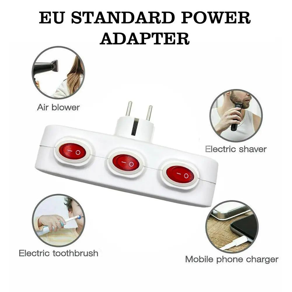 EU Plug Extension Socket 1 to 3 Way with ON/OFF Switch - Fix Socket Shortage, Safe Power Converter for Home Office AC Outlet