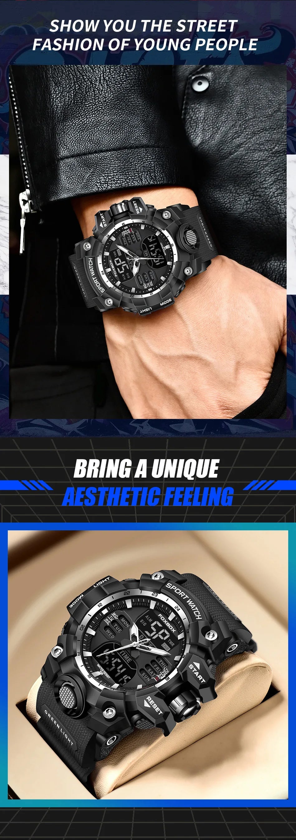 FOXBOX Waterproof Watches for Men Luxury Sport Chronograph Alarm Wristwatch Military Quartz Clock Digital Male Watch Student