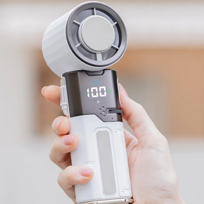 Portable Handheld Turbo Fan with Ice Compress, 6000mAh Rechargeable USB Fan, 135° Tilt Foldable Fan with built-in Type-C Cable