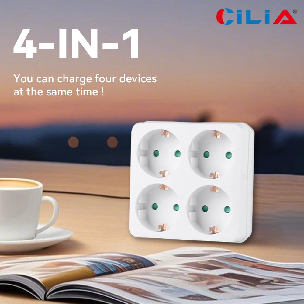 CILIA 1/2/4pcs EU Socket Extension Converter 4 Outlet Compact Square Design for Home,office  Use Travel Friendly,White