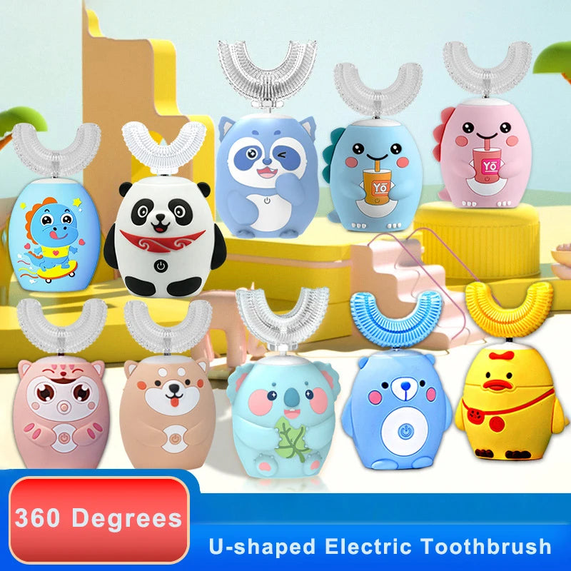 360° Sonic Electric Toothbrush U Shape Rechargeable for Kids Children Automatic Silicone Tooth Brush Smart Timer Blue Light IPX7