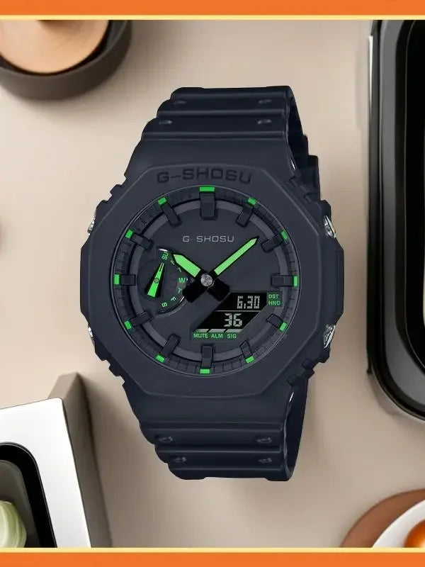 Black Sport Digital Unisex Watch Full Function World Time LED Dual Display Water Resistant Oak Series