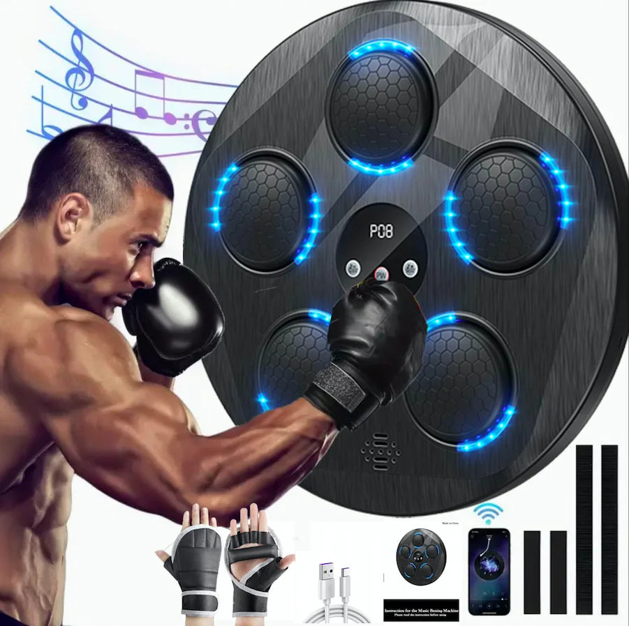 An interactive electronic boxing target with rhythmic music and lighting effects. A music boxing machine.