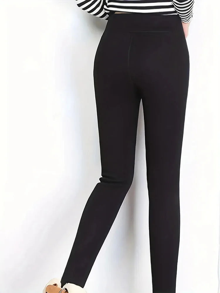 Stylish women's warm commuter high-waisted leggings Solid color simple all-in-one comfort with elastic pants leggings