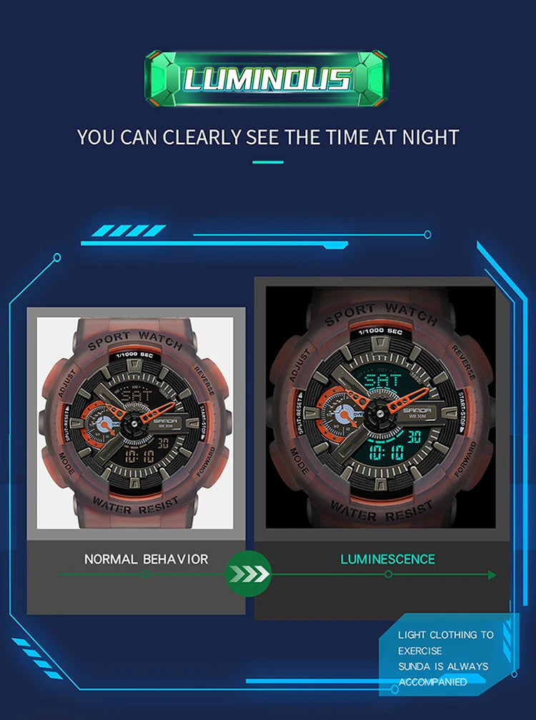 Sanda new 3029 watch luminous fashion personality Electronic Watch fluorescence watch Shell Man Watch