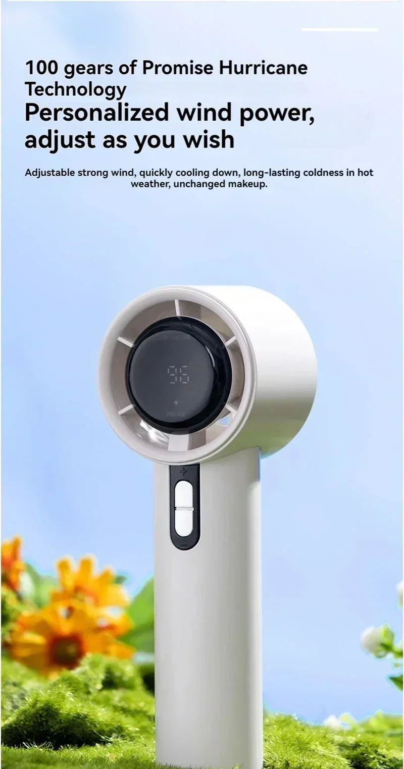 2025 Portable Turbo Handheld Fan - 100-Speed Adjustable, USB Rechargeable Mini Fan with LED for Camping, Outdoor & Travel