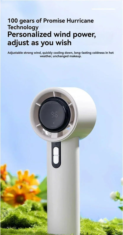 2025 Portable Turbo Handheld Fan - 100-Speed Adjustable, USB Rechargeable Mini Fan with LED for Camping, Outdoor & Travel