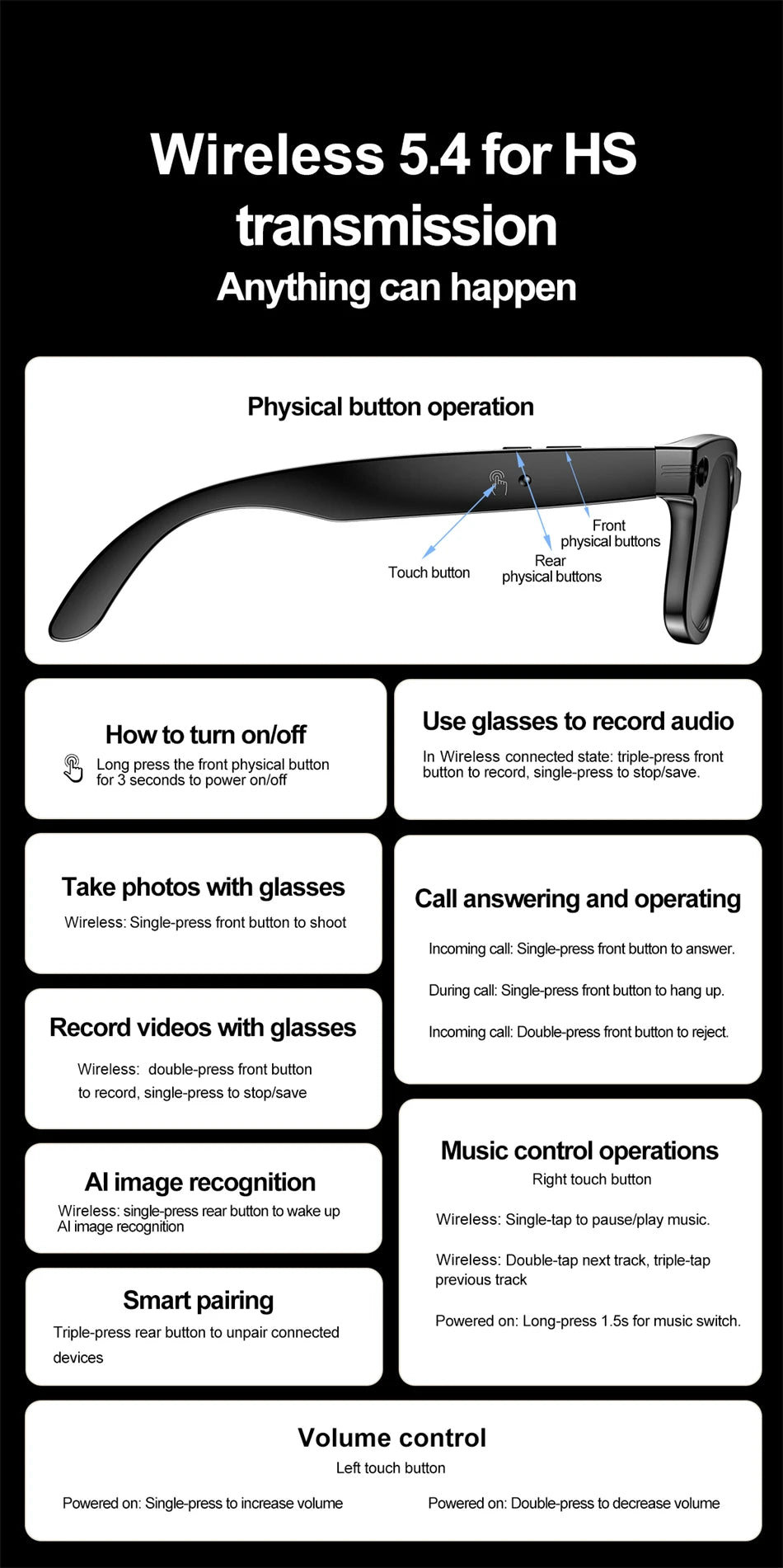AI Smart Glasses with HD Camera for Photos Videos Hands-Free Vlog Recording Camera Glasses Audio for Driving Outdoor Sunglasses